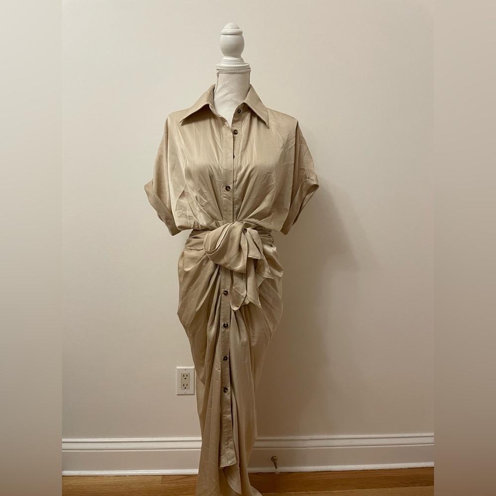 SATIN BEIGH LONG DRESS WITH BUTTONS SIZE MEDIUM